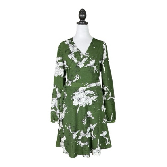 Voodoo Vixen Green & White Floral Print Long Sleeve Wrap Mini Dress 10/XL - Picture 2 of 8
